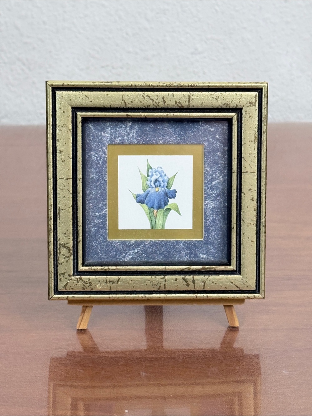 Vintage Gold Framed Iris Mini Print Kathy Seek on Freestanding Easel 4-inch 1992